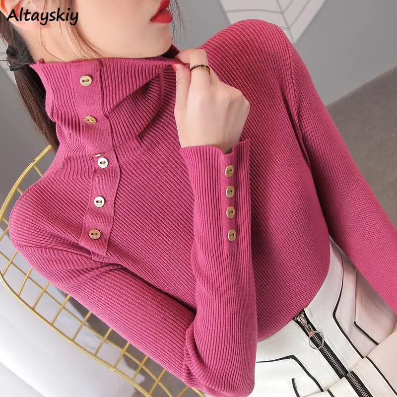 

Turtleneck Pullovers Women Design Buttons Slim Knitted Long Sleeve Sweaters Simple All-match Underlay Autumn Winter Stylish New