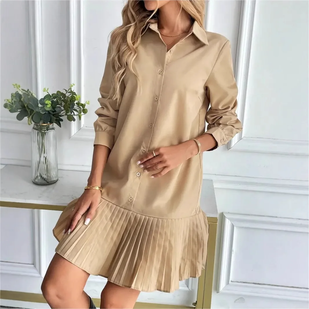 فستان أنيق للتنقل موضة الخريف قميص ذو طية صدر السترة بلون واحد مقسم ​ ​ فساتين مطوية ملابس نسائية عادية