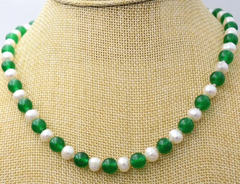 Charming 7-8mm White Cultured Pearl & 8mm Green Jade Necklace 18INCH AAA+