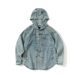 Autumn New Japanese Streetwear Vintage Denim Jacket Men Loose Casual Denim Hooded Coat Jeans Jacket Cowboy Spring Outerwear