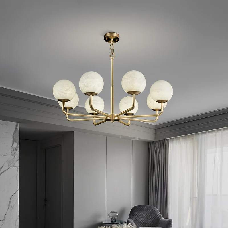 

White Albaster Globe Ceiling Chandelier 8-Lights Modern Brass Pendant Light For Bedroom Living Dining Room Marble Chandeliers