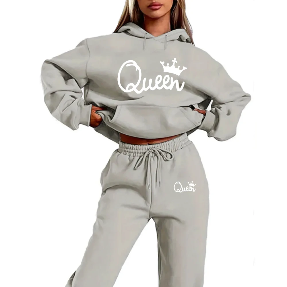 

Hot women's 2-piece QUEEN print sports suit sportswear jogging suit women's hooded sportswear suit clothes hoodie+sweatpants