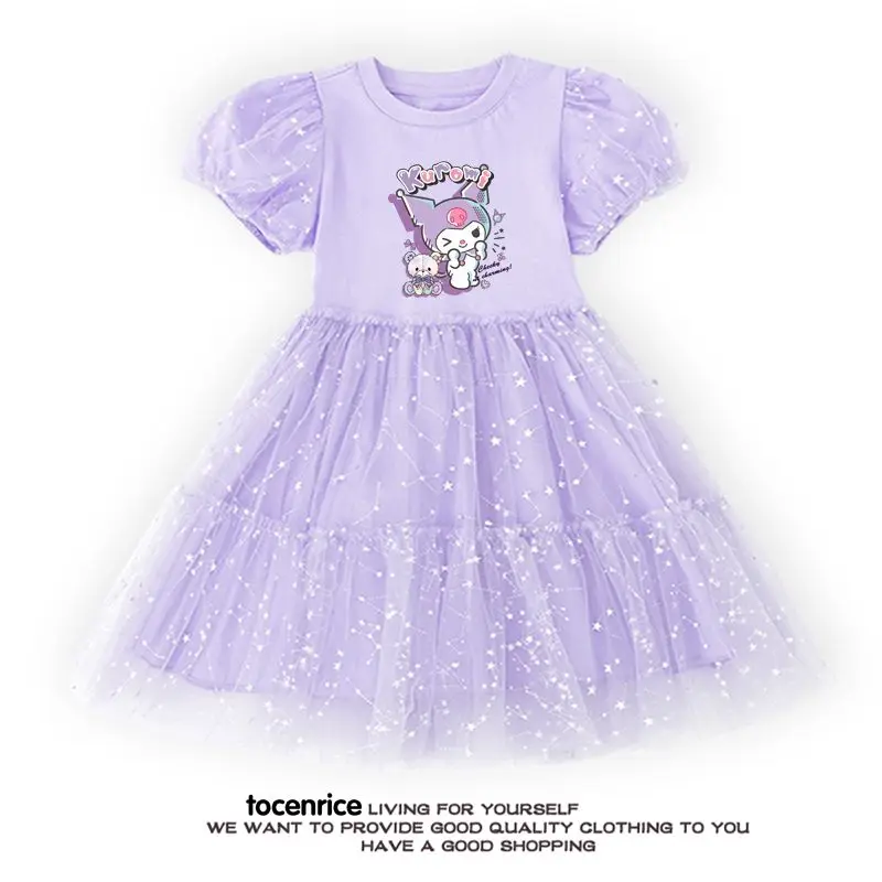 Hallo Kittys Kinder Sommer Kurzarm Kleid Sanrios meine Melodie Kuromi Cinna moroll Mädchen süße Party Prinzessin Kleider Gaze Rock