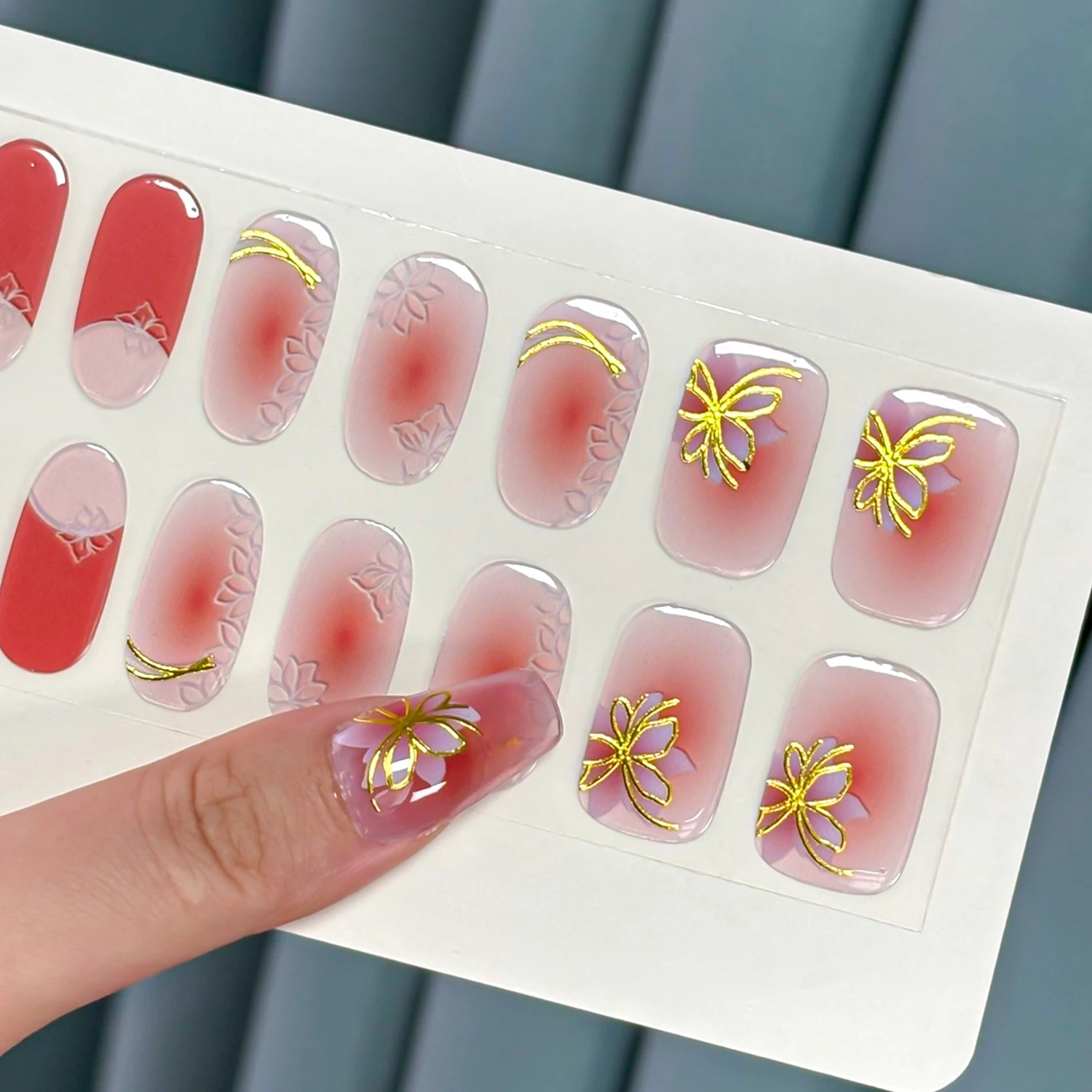 16Tips Soft Pink Blush Gradient Nail Stickers No Bake Gel Nail Wraps Golden Line Butterfly Pattern Waterproof Nail Art Stickers*