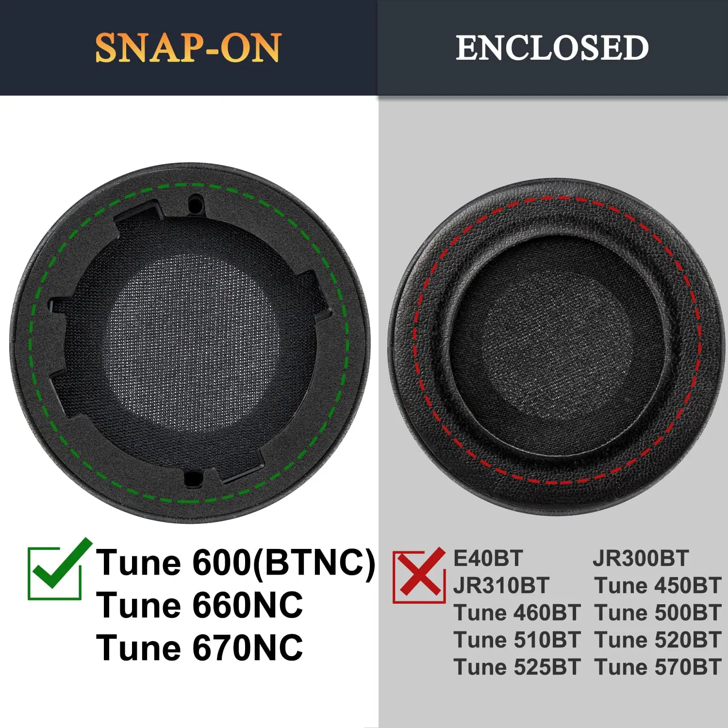 Wymienne poduszki nauszne do JBL Tune 600BTNC/660NC/T600BT/670NC, oddychająca tkanina lodowego jedwabiu, pianka zapamiętująca dźwięk — zdjęcie produktu 3