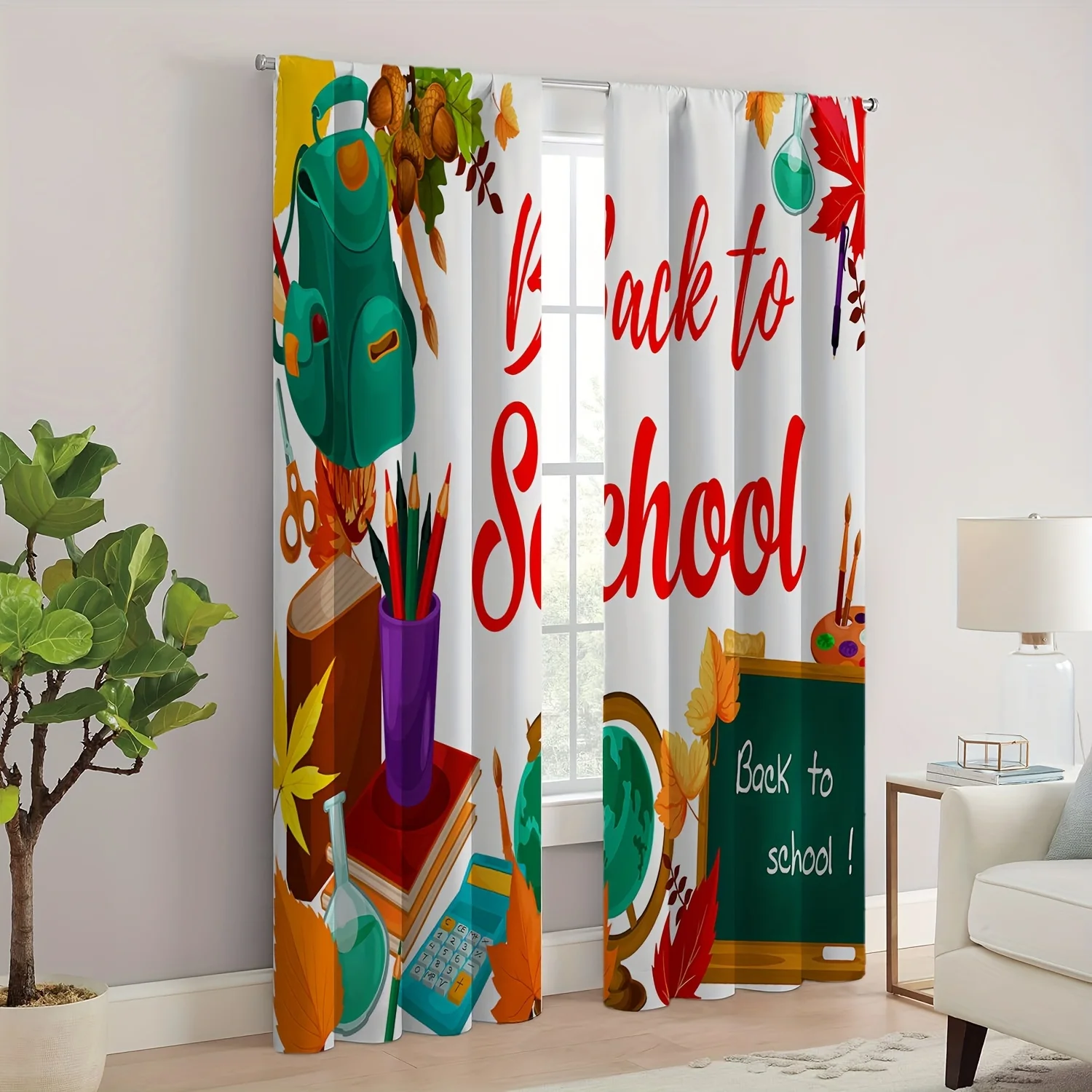 Back to School Curtains, Colorful Study Supplies Print Drapes, Kids Classroom Education Theme Window Treatment Decor