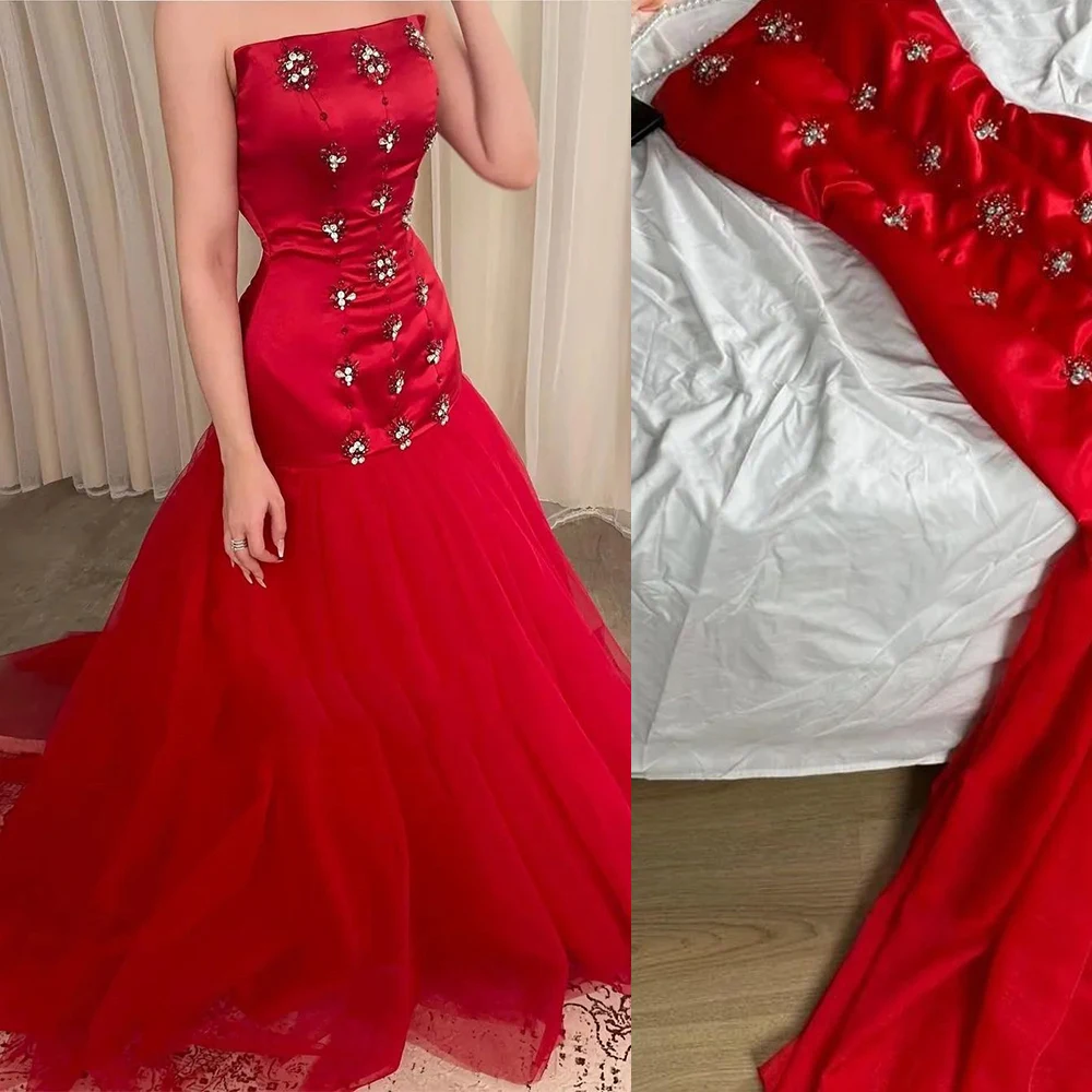 

Prom Gown Satin Patchwork Sleeveless Sexy Strapless Backless Rhinestone Charming Evening Party Dresses فساتين مناسبة رسمية