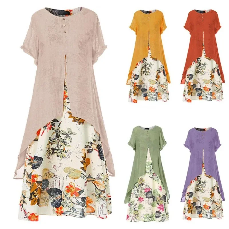 

Loose Women Dress Vintage Summer Floral Print Party Dresses Breathable Linen Blend Elegant Women Long Flower Dress