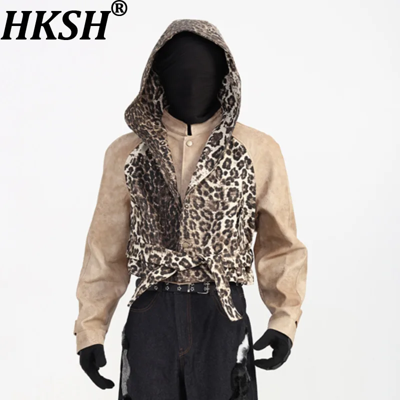 

HKSH осень-зима новая мужская кожаная куртка с леопардовым принтом в стиле пэчворк с капюшоном Высококачественное трендовое пальто из двух предметов HK14324