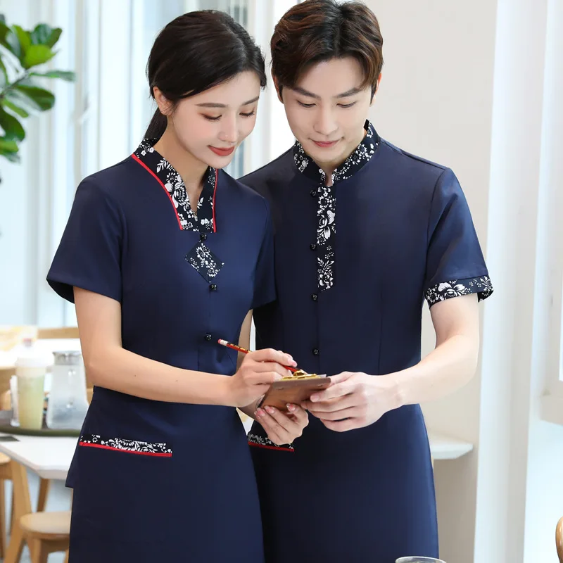 Spot Goods Chinese Restaurant Waiter Short-Sleeved Summer Clothes Orchid Farmhouse Catering Local Restaurant Overalls Large Size