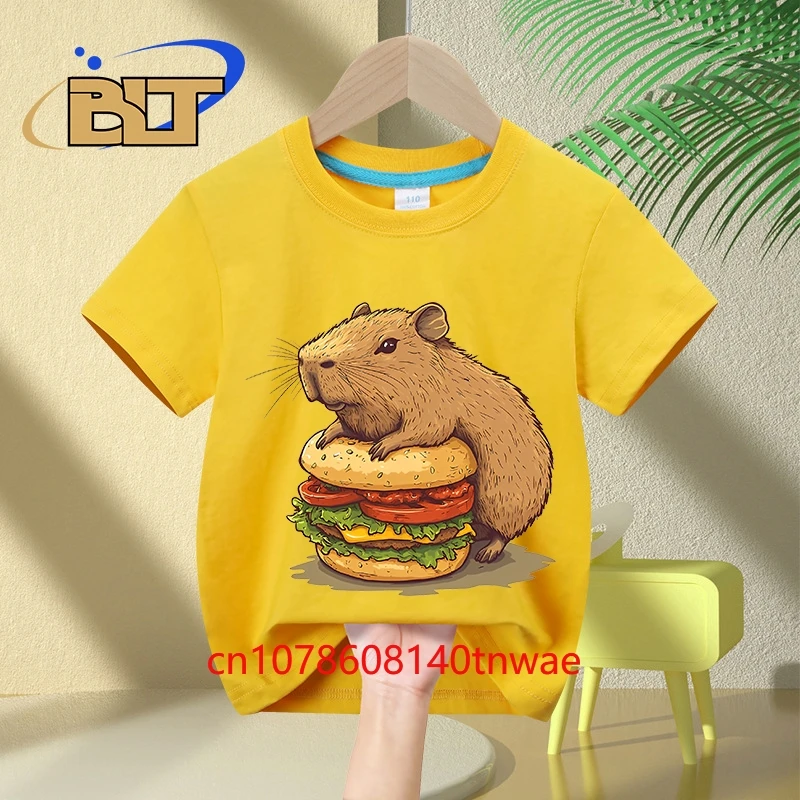 Capybara Capyburger printed children's clothing kids cotton T-shirt cartoon short-sleeved casual tops for boys and girls