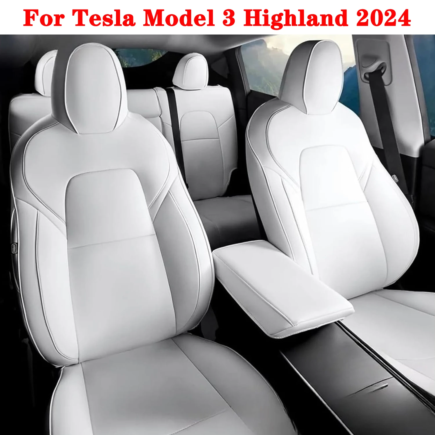 For Tesla Model 3 Highland 2024 Seat Covers, Nappa Leather Front Rear Car Seat Cushion Armrest Cover Interior Decoration