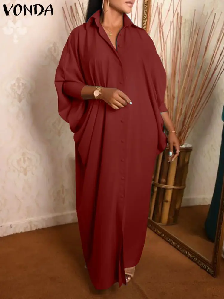 Plus Size VONDA 2024 Women Long Shirt Dress Summer Casual Solid Color Elegant Maxi Sundress Bat Sleeve Loose Buttons Vestidos