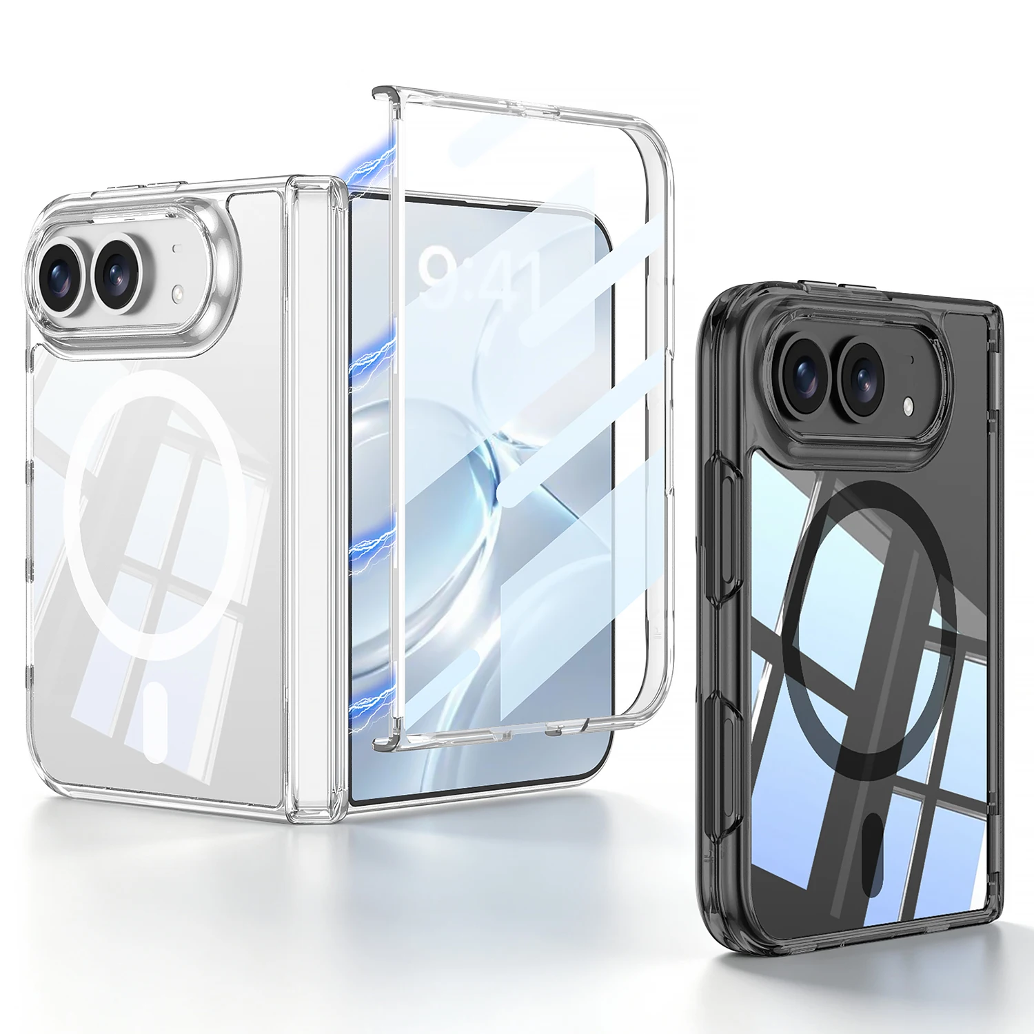 For iPhone Duo Case Ultra-thin Skin-Friendly Transparent Magnetic Wireless Charging Hinge With Tempered Glass Shockproof Cover