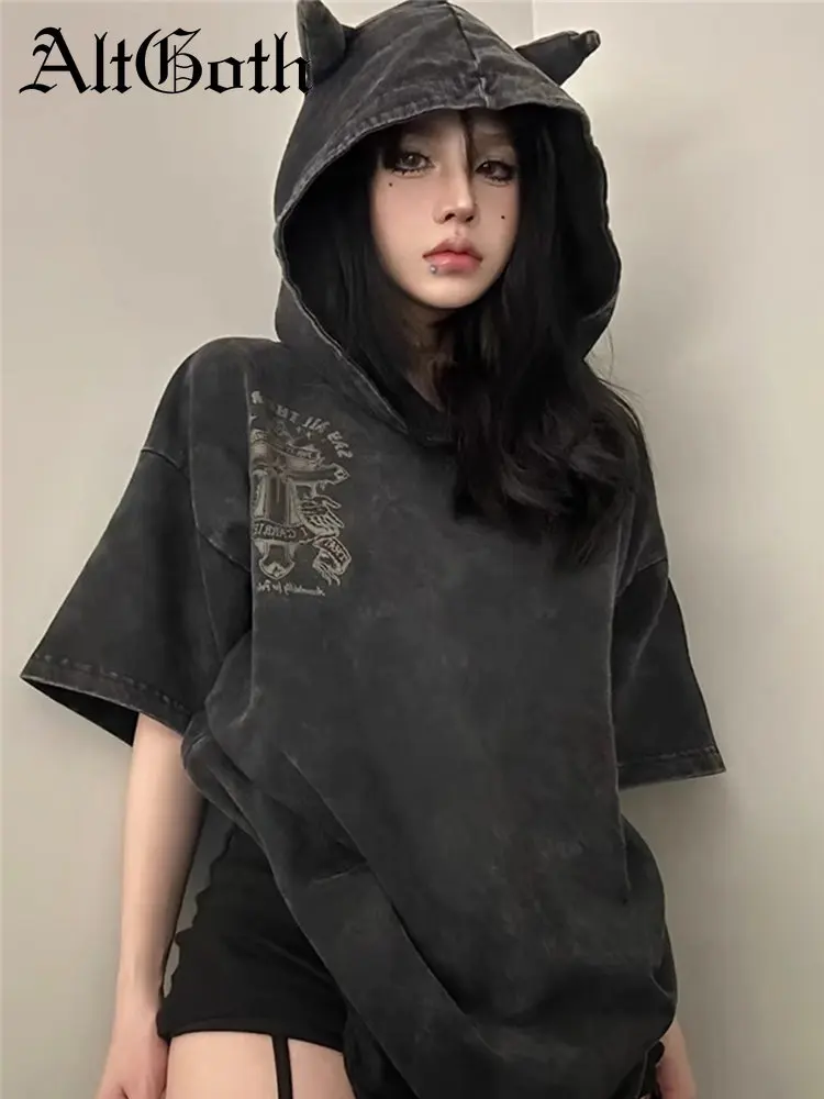 AltGoth Harajuku Gothic Devil Horn T-shirt Women Vintage Streetwear Cyber Punk Y2k Emo Printed Hole Short Sleeve Hooded Tee Tops