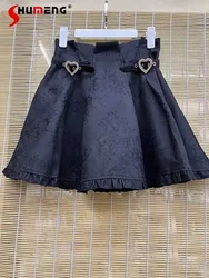 Rojita Mine Series Mass-Produced All-Match and Sweet Cute A-line Mini Skirt for Women Heart Buckle Rhinestone Black Short Skirt