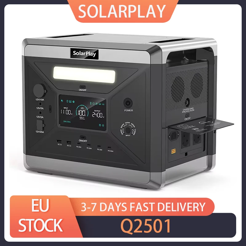 SolarPlay Q2501 Portable Power Station 2400W/2160WH LiFePO4 Battery 12 Output Ports Fully Charged in 1.5 Hours 4 Charging Method