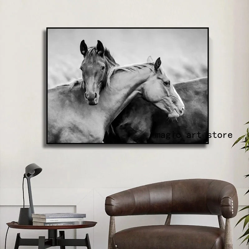 Abstract Black White Wild Horses Couple Horse Animal  Art Poster Canvas Painting Wall Prints Picture for Room Home Decor Cuadros