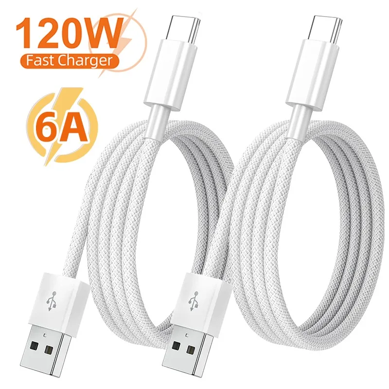 120W 6A USB Type C Cable Super Fast Charing Line for Samsung IPhone Huawei Xiaomi Nylon Braid High-speed Data Wire Quick Charger