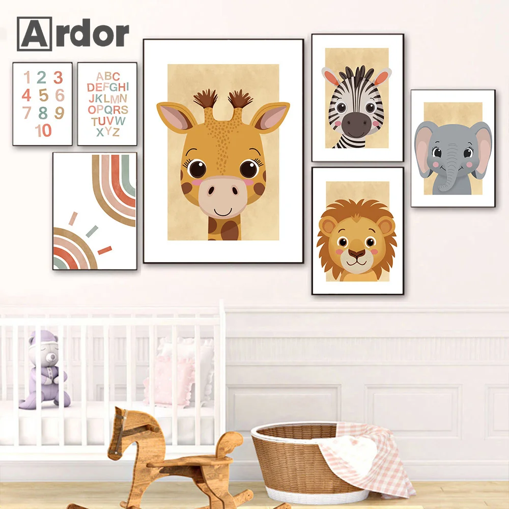 Cartoon Safari Animals Lion Zebra Deer Poster Canvas Painting Boho Nursery Print Wall Art Pictures Nordic Kid Bedroom Home Decor