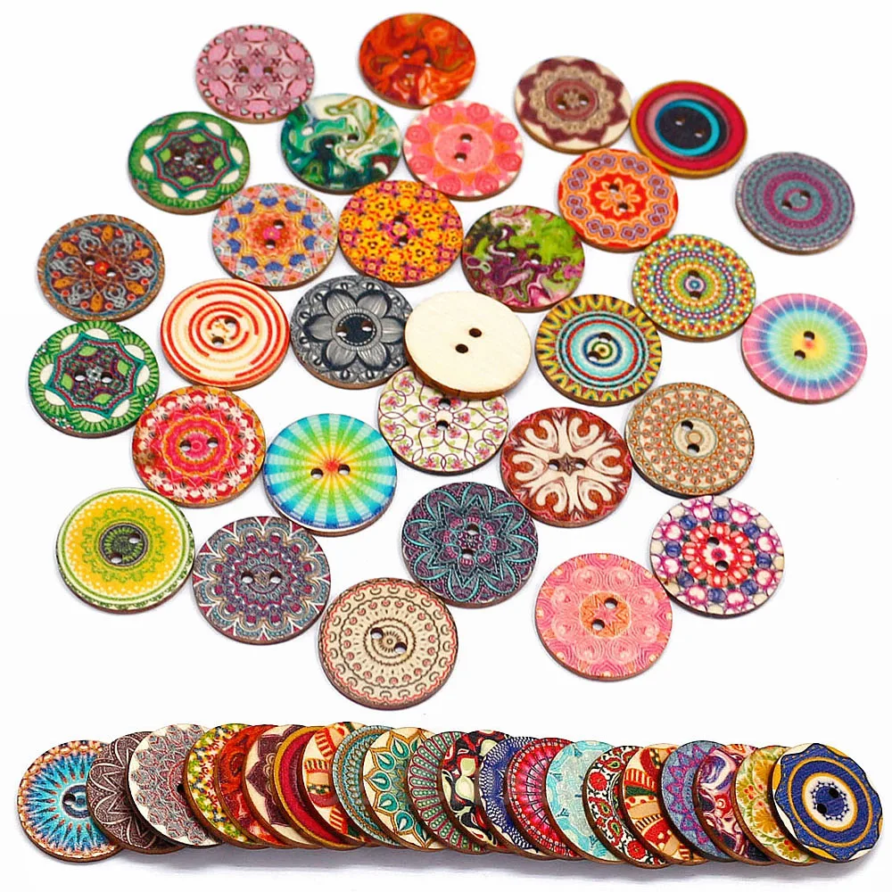 50/100 PCS 25mm Mixed Random Painted Flower 2 Hole Round Wood Button For Clothing Sewing Crafting DIY Sewing Accessories