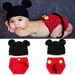 Newborn Photography Outfit Handmade Knitted Cartoon Animal Mickey Costume Jumpsuit Ear Cap Hat Overall Romper Clothes Fotografia
