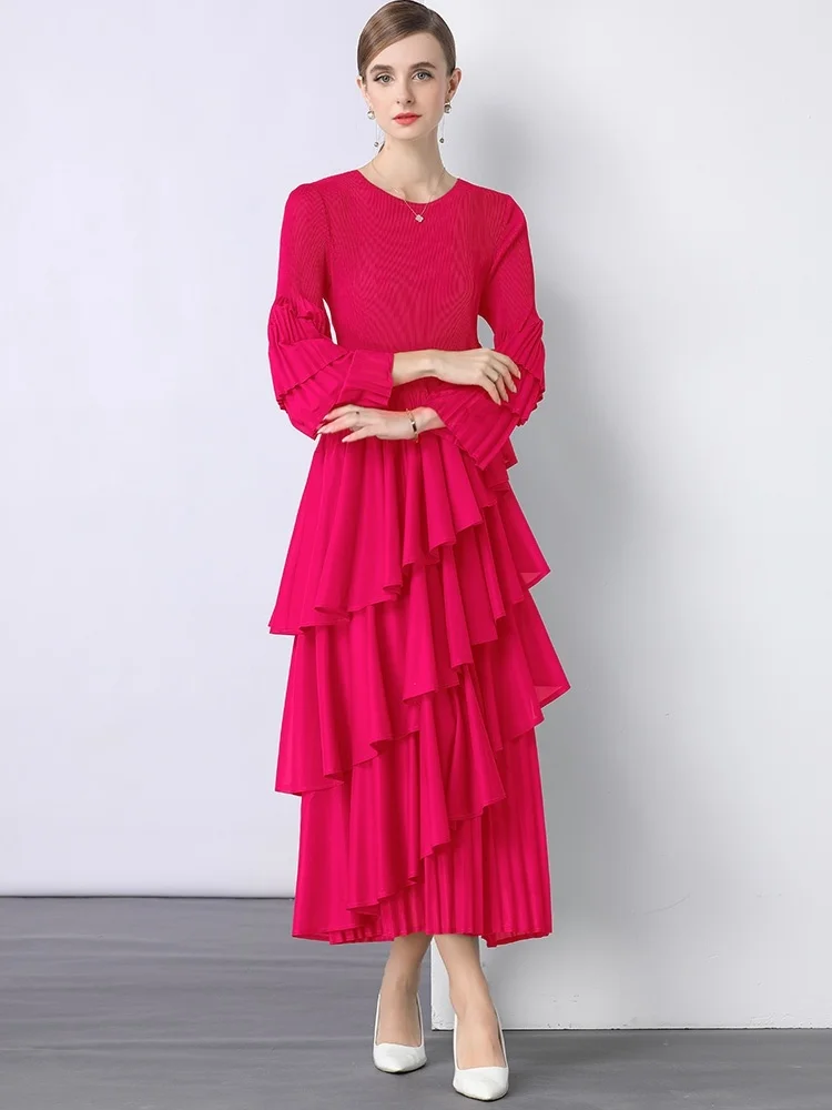 New Spring Autumn Pleated Women Dress Women Full Flare Sleeve Spliced Ruffles O-Neck Evening Party Dresses Elegant Lady Clothing