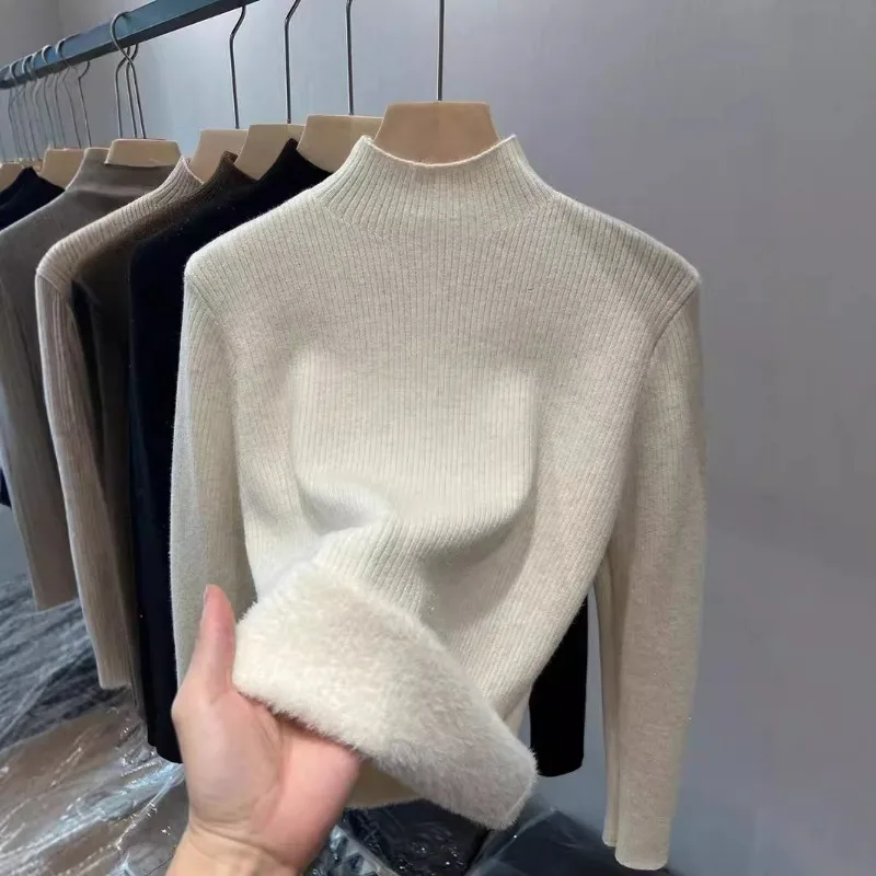 Turtleneck Winter Sweater Women Elegant Thicken Velvet Lined Warm Sueter Knitted Pullover Slim Tops Jersey Knitwear Jumper New