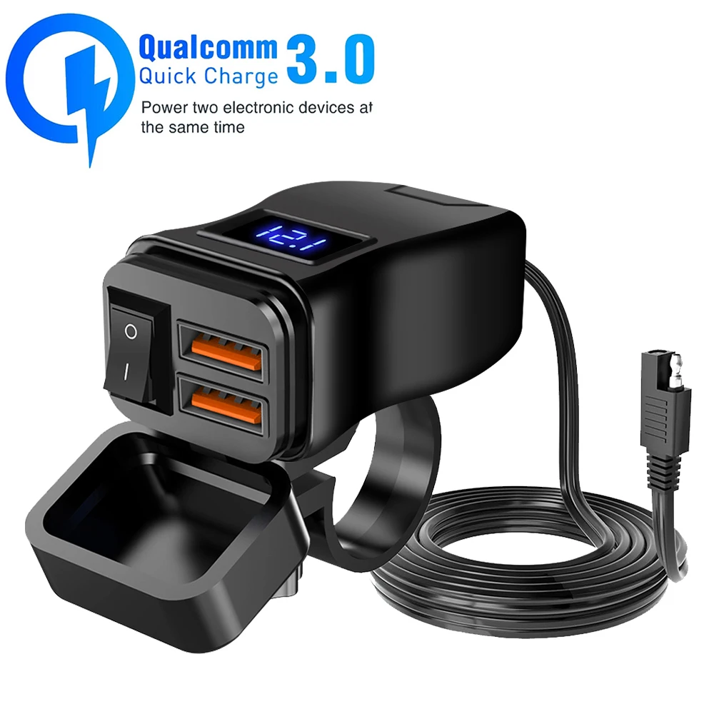 

Digital Motorcycle Vehicle-Mounted Charger with Voltagemeter Dual USB Socket Quick Charge 3.0 With Switch Moto Accessory