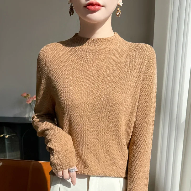 

Autumn and winter new 100% pure wool women's semi-high neck slim Jacquard sweater fashion casual knit top.