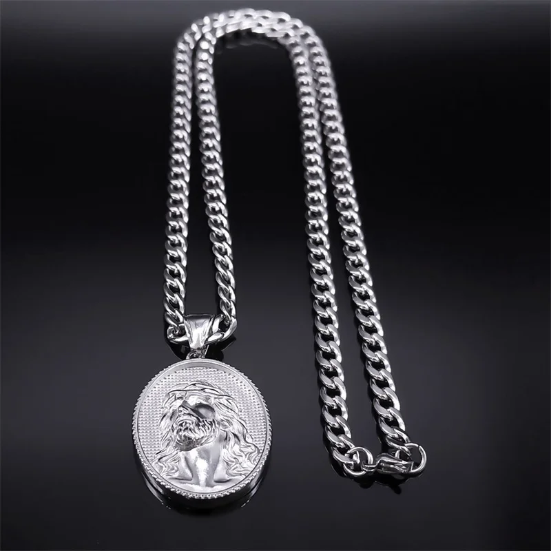 Crown of Thorns Jesus Medal Christian Men's Necklace 316 Stainless Steel Korean Silver Color Pendant Religious Necklaces Jewelry