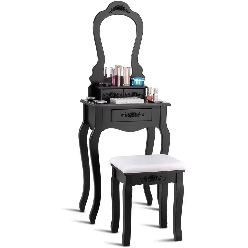 Wooden Makeup Vanity Table with Stool and Mirror Set in Black