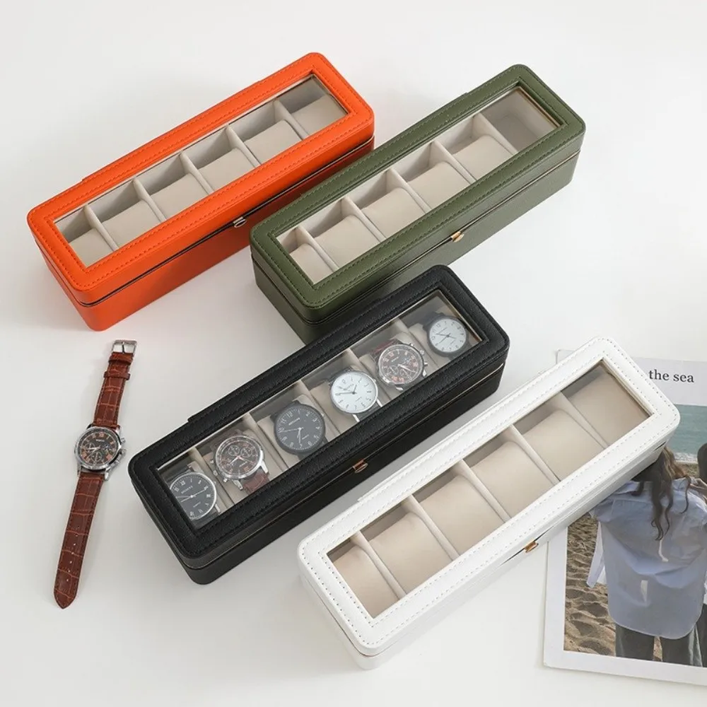

Новый органайзер для часов из искусственной кожи с прозрачной крышкой, 6 отделений, мягкий внутренний слой, прозрачное окно, футляр для хранения часов