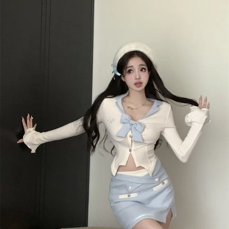 Sweet Lapel Neck Bow Slim Fit Long Sleeve Tops Women+ Y2k  Waist Bodycon Split Skirts 2024 Spring Autumn New Two Piece Sets