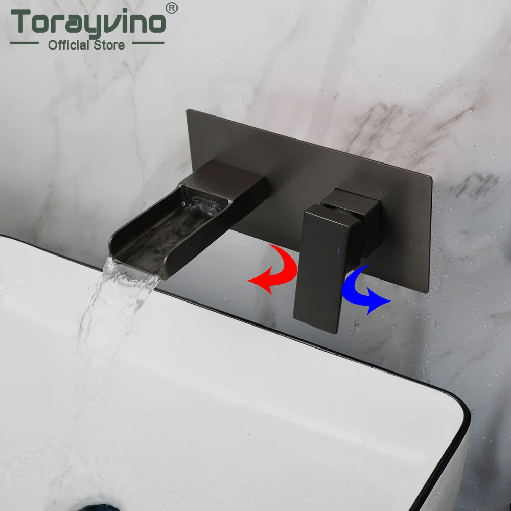 

Torayvino Gun Grey Bathroom Faucet Waterfall Basin Mixer Torneira Single Lever Wall Mounted Washing Sink Hot and Cold Water Tap