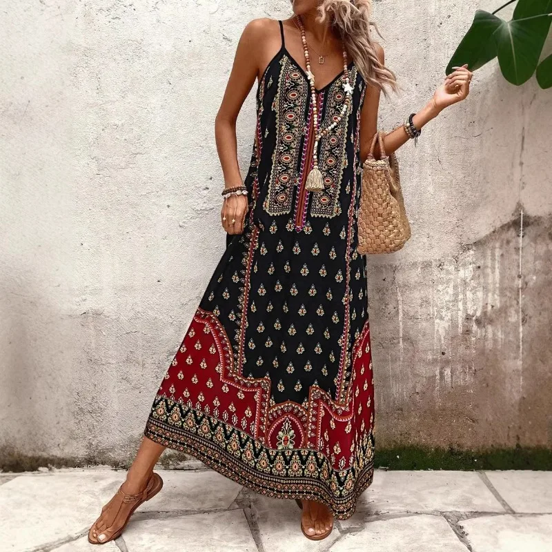 

Women V‑Neck Sleeveless Spaghetti Strap Vintage Ethnic Print Loose Fit Casual Elegant Midi Maxi Dress Holiday Women Clothing
