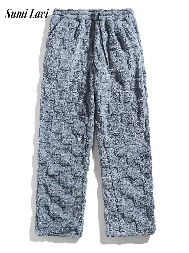 

Fall Winter Casual Mens Cozy Fleece Pants Streetwear Vintage Checkered Textured Plush Trousers Fashion Men Loose Straight Pants