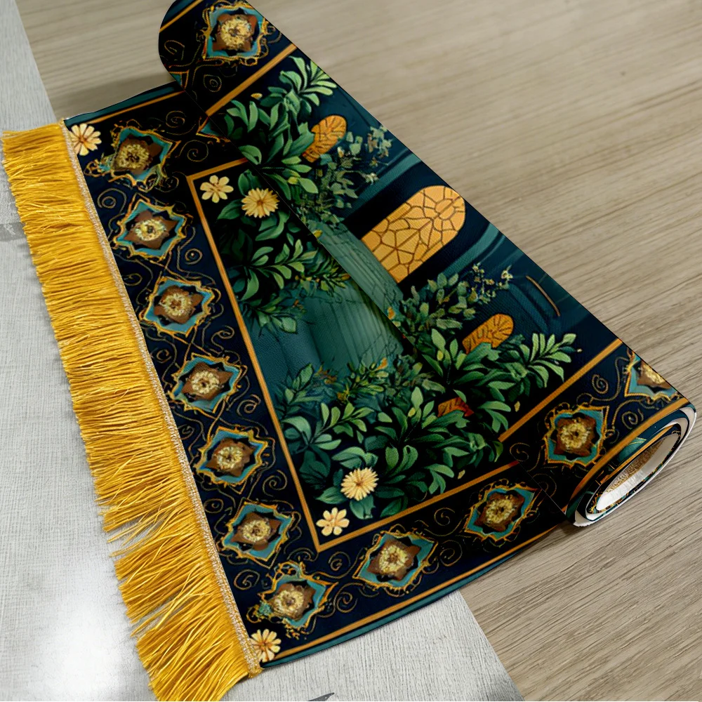 Teal Green Mosque Starry Moon Islamic Prayer Rug Portable Muslim Salah Mat Ramadan Gift Floral Arch Home Decor Prayer Carpet