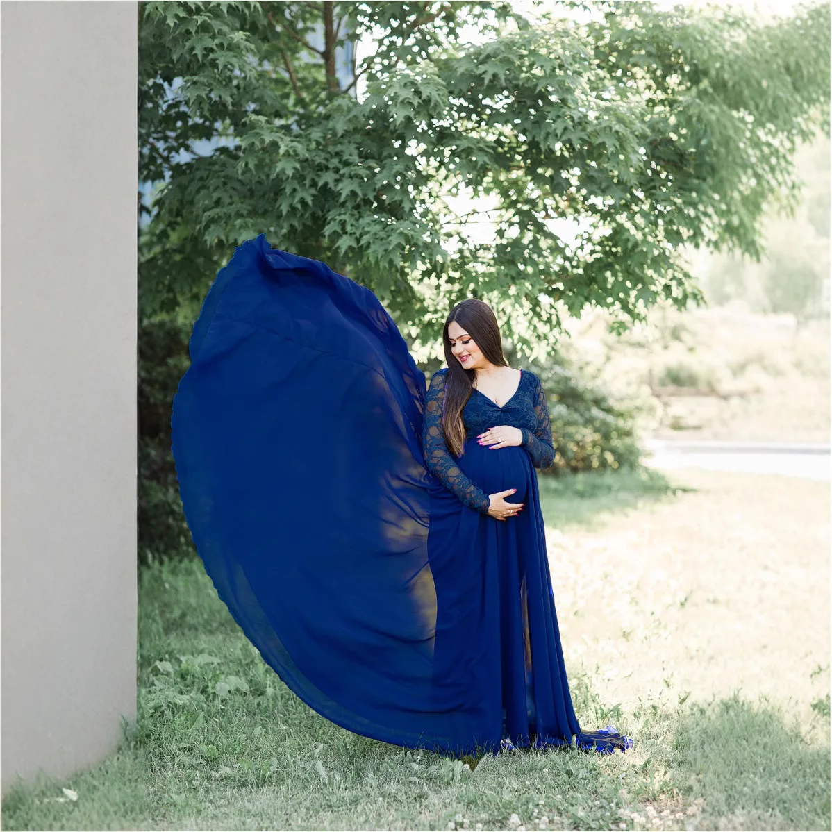 섹시한 임부 사진 촬영 드레스 - 긴 소매 레이스 트림 루즈핏 맥시 가운 (트레인 포함) 유럽 및 미국 스타일 임신복