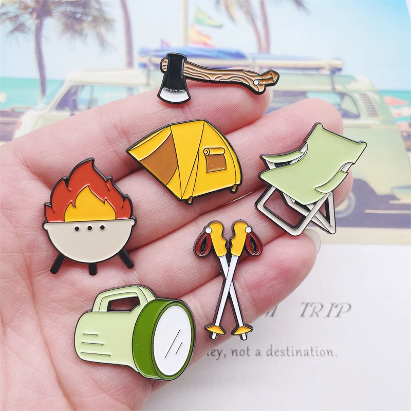 Creative Outdoor Camping Climbing Equipment Enamel Pins Bonfire Axe Tent Chair Alloy Brooch Badge Personality Jewelry Gift