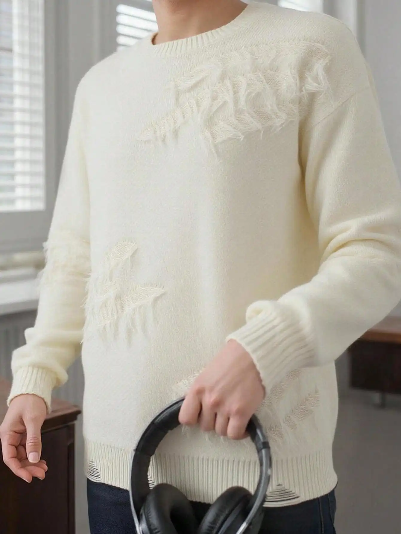 

Мужской повседневный вязаный свитер с бахромой и эффектом потертости, осенне-зимний топ с длинными рукавами