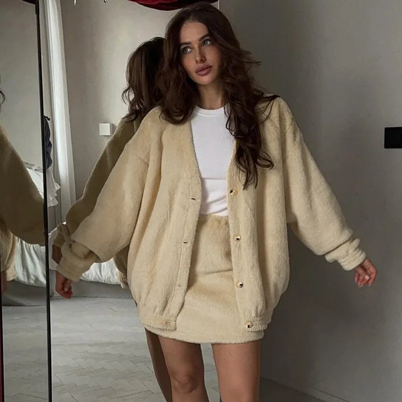 

Tuularose Women Dress Sets Autumn Plush Sweater Cardigan Casual Mini Skirt Set Vintage Chic Office Casual Female Knit Dress Set