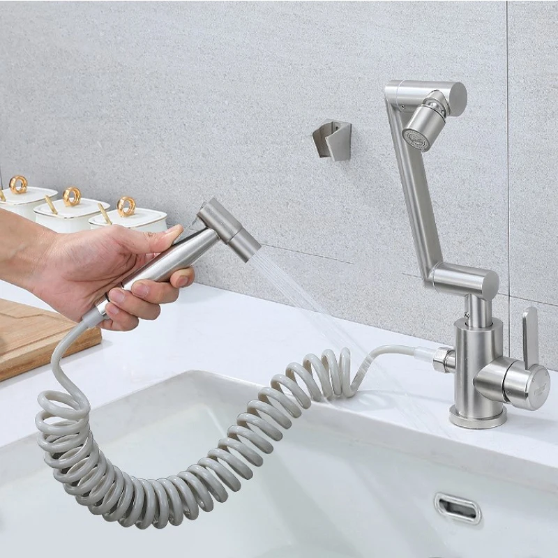 صنبور حوض الحمام مع بخاخ جانبي 1080 °   صنبور حوض خلاط للمياه الباردة والساخنة متعدد الوظائف، وضعين، صنبور رش مغسلة