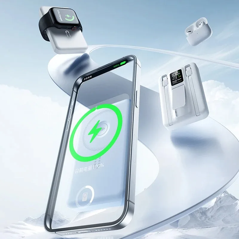 بطارية باور بانك مغناطيسية 3 في 1 QI 15 وات شحن سريع لاسلكي مع شاشة LCD ذكية لهاتف iPhone 12-17 Pro Watch Airpods #5