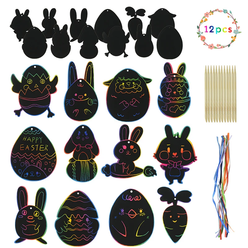 12pcs Easter Egg DIY Magic Color Scratch Paint Crafts Kids Holiday Gifts Favors Easter Party Decoration Ornaments Basket Filler