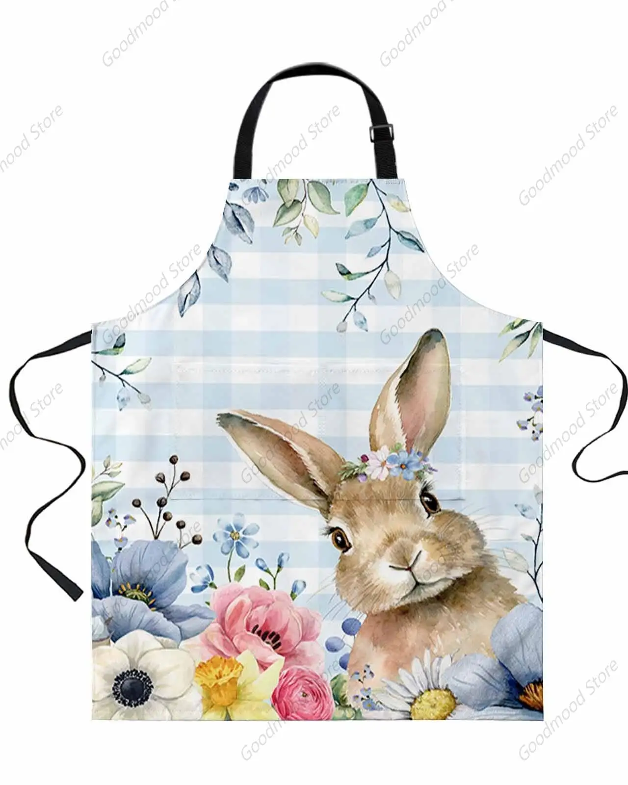 Blue Easter Bunny Kitchen Aprons with Pockets Waterproof, Spring Floral Botanical Watercolor Adjustable Bib Chef Aprons