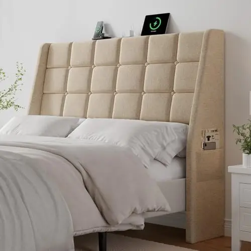 Ergonomic Upholstered Full Size Headboard w/Charging Station, Linen Wingback Headboards w/Storage Pocket, Full