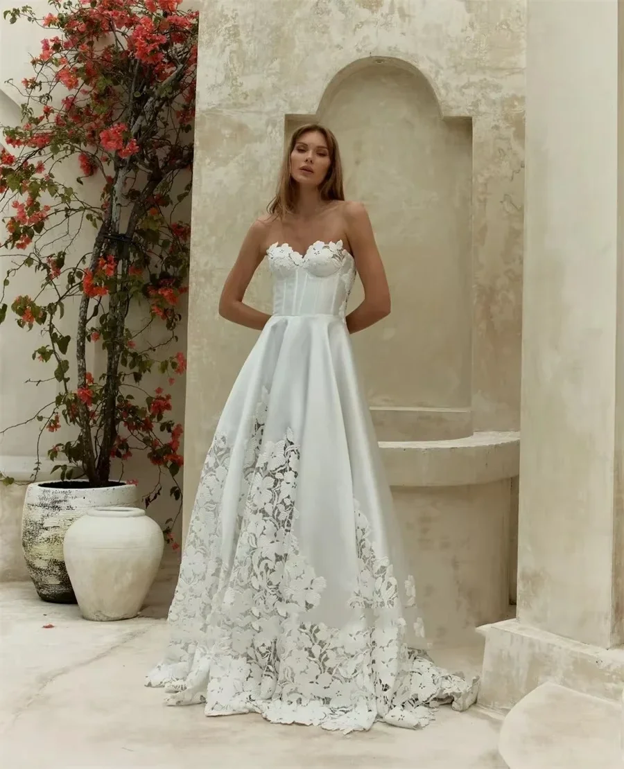 

Customized Detachable Off the Sleeves Wedding Dresses See Through Bridal Gowns A Line Lace and Satin for Your Special Day