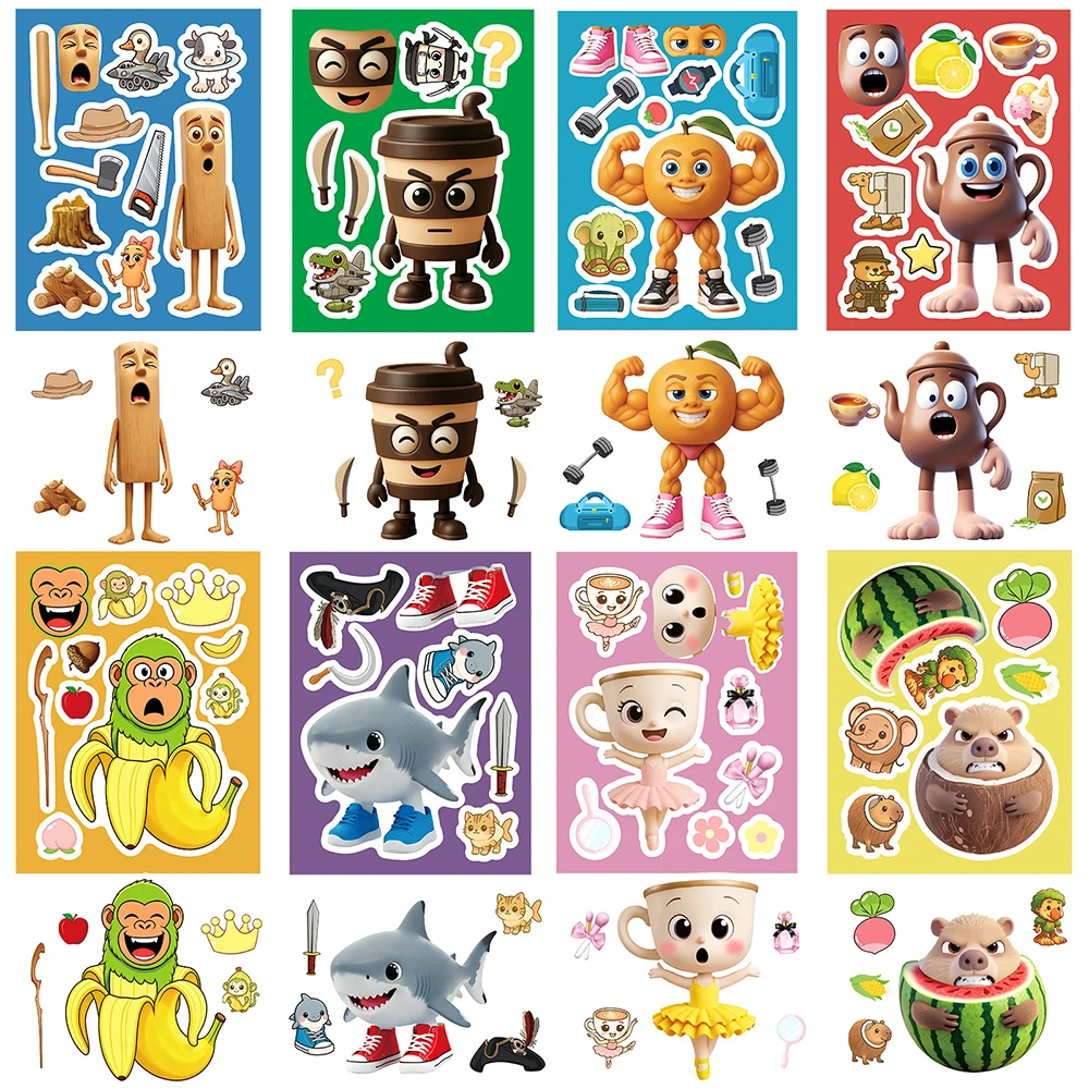 8/16 hojas de pegatinas de rompecabezas italiano Brainrot Make a Face Tung Sahur animales DIY montar rompecabezas calcomanías de dibujos animados juguete de fiesta para niños