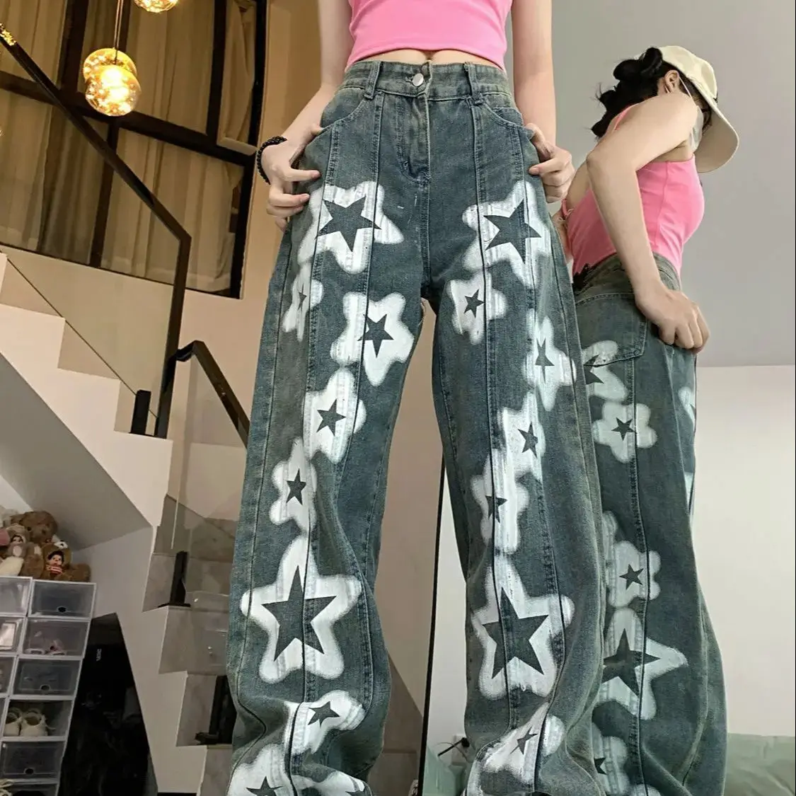 Jeans Bedrukte Ster Hiphop Afslankende En Vleesbedekkende High Street Amerikaanse Vrouwen Niche High Street Losse Broek Met Wijde Pijpen